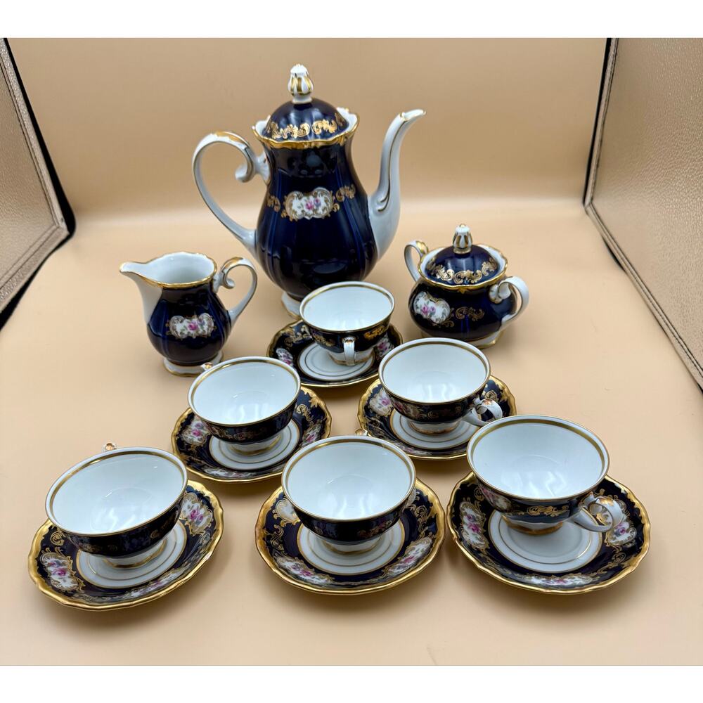 Vintage Reichenbach Echt Kobalt 22k Gold Floral German Porcelain 15 Piece Set